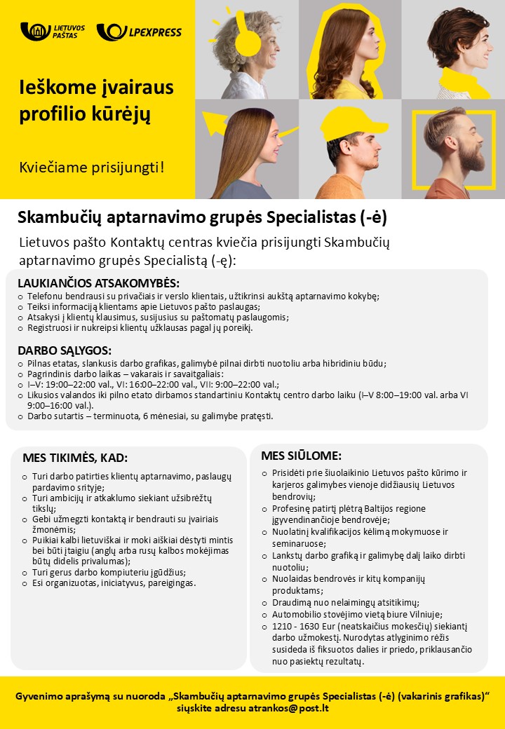 Skambučių aptarnavimo grupės Specialistas Vakarinis grafikas 0