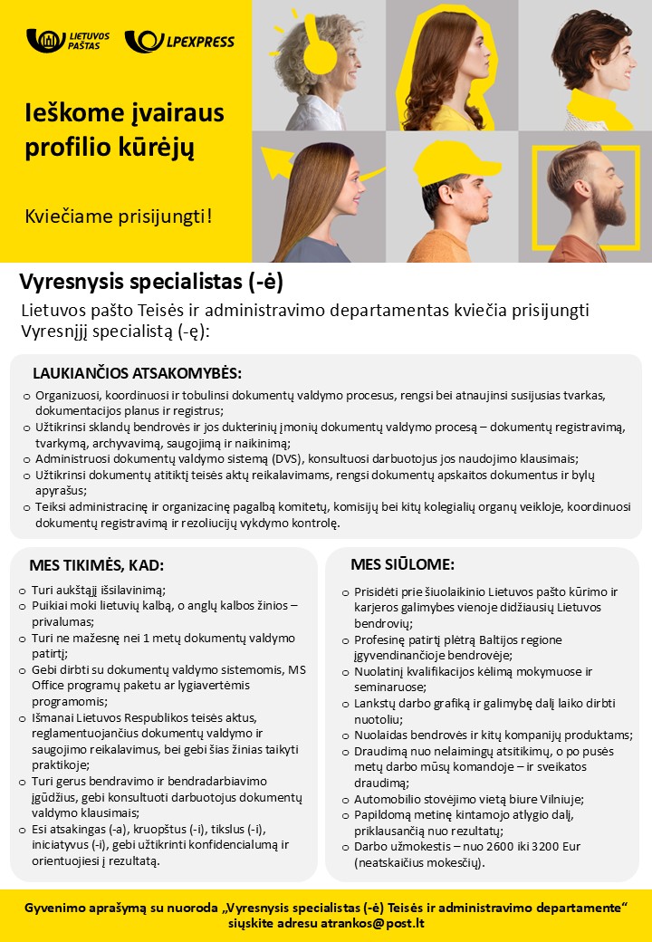 Veiklos ir administravimo grupės Vyresnysis specialistas (-ė)